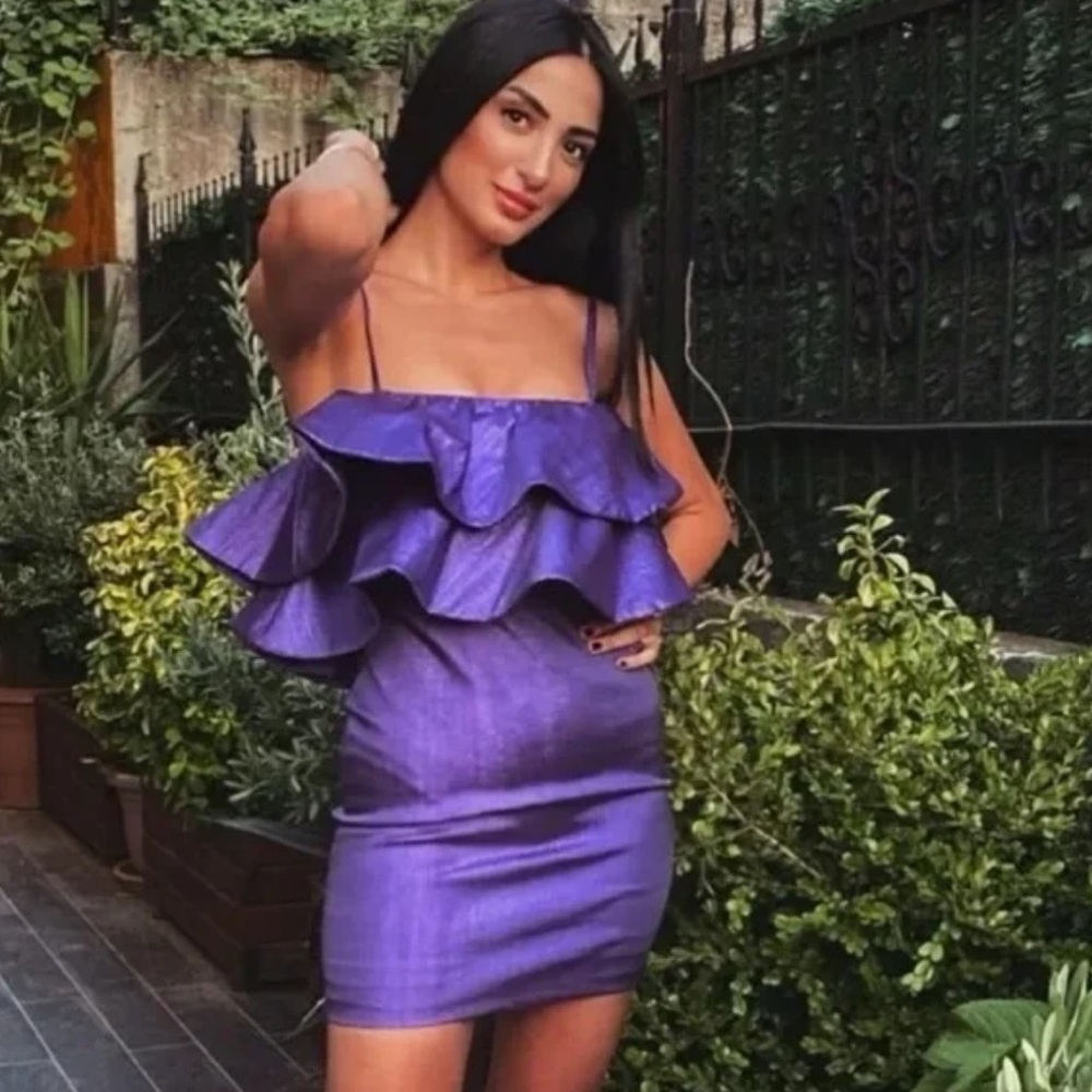 Zara Sparkle Purple Shimmer Statement Ruffles Spaghetti Straps Mini Dress S NWT